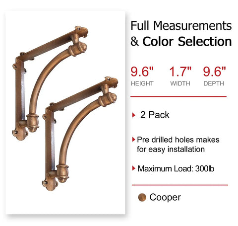 Heavy Duty Copper Cast Iron Shelf Brackets Two Pack 9.6 By 1.7 By 9.6 Inches with measurements and copper finish displayed
