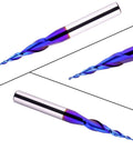 Three blue-tinted 1/4 inch shank ball-nose CNC router bits with spiral flutes, shown from side views