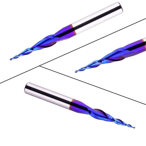 Three blue-tinted 1/4 inch shank ball-nose CNC router bits with spiral flutes, shown from side views