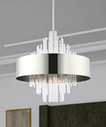 Sleek 10 Light Polished Nickel Pendant Chandelier Featuring Clean Drum Shade And Sparkling Clear Crystal Rods in modern home decor.