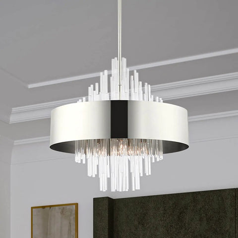 Sleek 10 Light Polished Nickel Pendant Chandelier Featuring Clean Drum Shade And Sparkling Clear Crystal Rods in modern home decor.