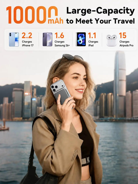 Heavy Duty Compact Magnetic Portable Charger And Serious 10000mAh Fast MagSafe Battery Pack snapped onto a smartphone by a traveler.