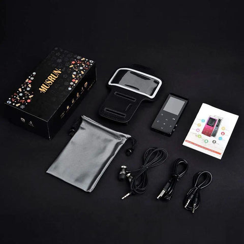 64GB Bluetooth MP3 Player With Sport Armband For Running and accessories on black background