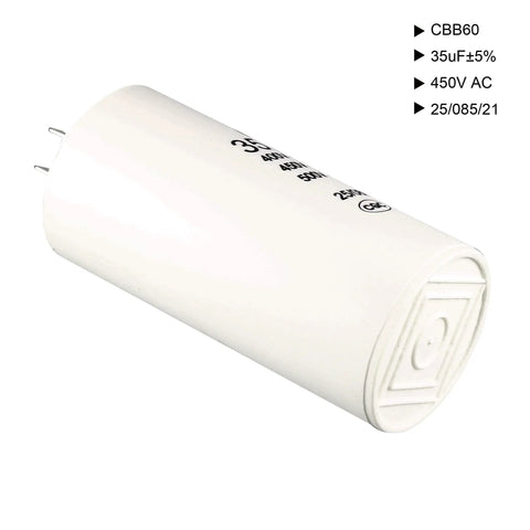 Run Capacitor 35uF 450V AC CBB60 for air compressors, water pumps, motors, cylindrical 92x44mm design, pro grade, white body