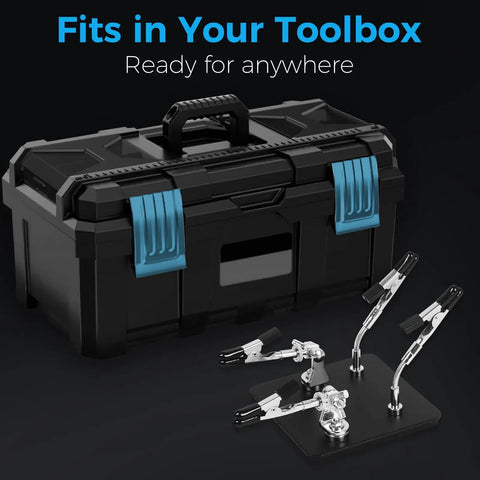 Helping Hands Soldering Station with Rock Solid 3.9 Inch Base and magnetic arms next to a black toolbox