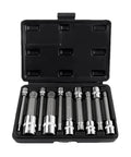 Top Shelf 10 Piece S2 Steel Torx Star Bit Socket Set With Heavy Duty Quick Wrench Repair Tools For Rusted Bolts And Stuck Screws That Save Time. Open case with 10 S2 steel Torx bit sockets