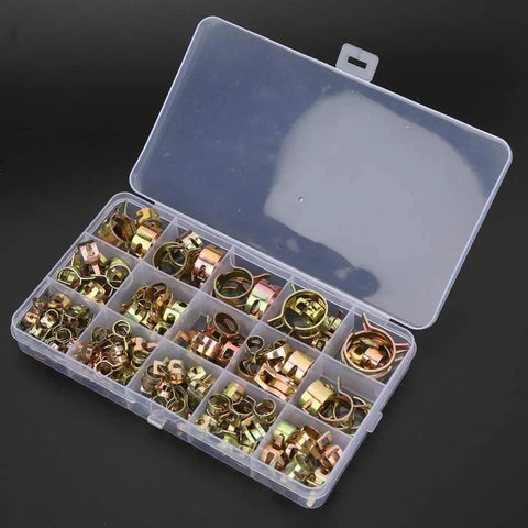 Rock Solid 115 Piece Hose Clamp Assortment Kit With Colored Zinc Plated Spring Clips For Water Tubes Air Pipes And Automotive Plumbing Fasteners That Are Durable Versatile And Perfect For Any Home Repair Job You Might Have. assorted zinc-plated spring clips in plastic case