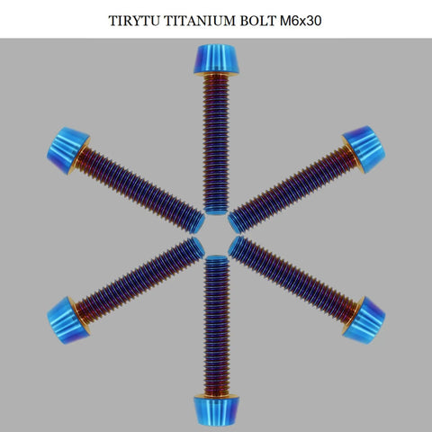Slick Burnt Blue Titanium M6x30mm Bolts Six Pack Socket Head Cap Screws arranged in star pattern on gray background.