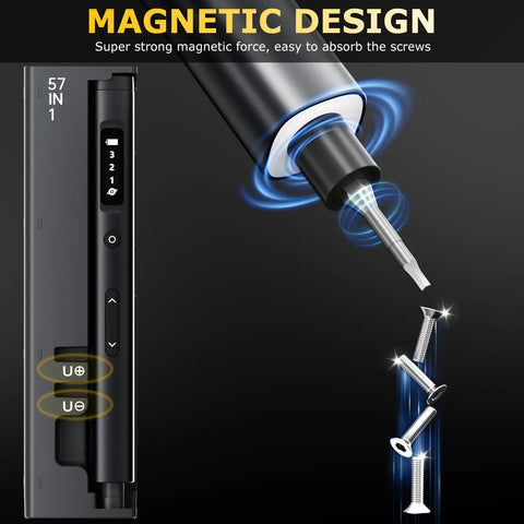 Mini 3.7V Cordless Electric Screwdriver Kit With LED Light 57 In 1 Magnetic Precision Screwdriver Set showing magnetic feature