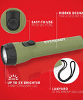 Image of forest green flashlight with ribbed grip, push button, and lanyard. 8 Pack LED Flashlights With Batteries Included for emergencies.