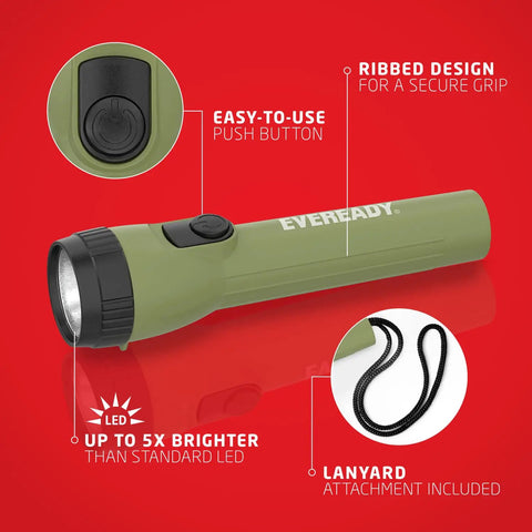 Image of forest green flashlight with ribbed grip, push button, and lanyard. 8 Pack LED Flashlights With Batteries Included for emergencies.