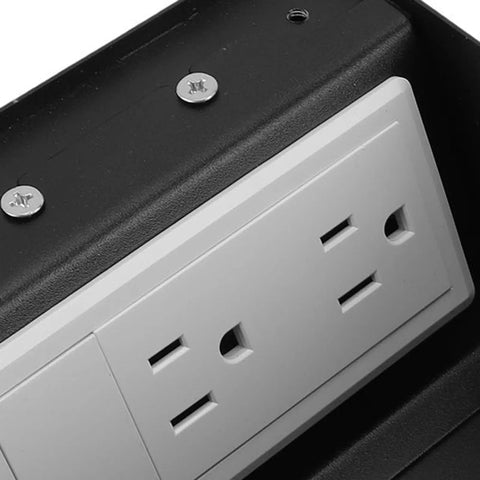 Heavy Duty Pop Up Floor Power Outlet Featuring Double Three Prong Sockets And Brushed Silver Stainless Steel Housing, top view.