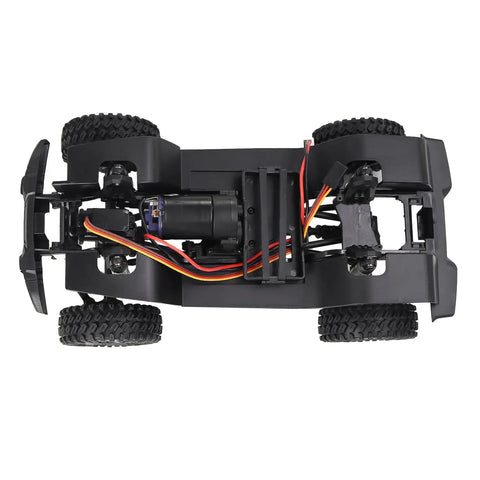 Top view of TRX4M 155mm Wheelbase RC Crawler Chassis Kit with assembled frame, axles, gearbox for 1/18 scale AX-8560 Bronco Defender.