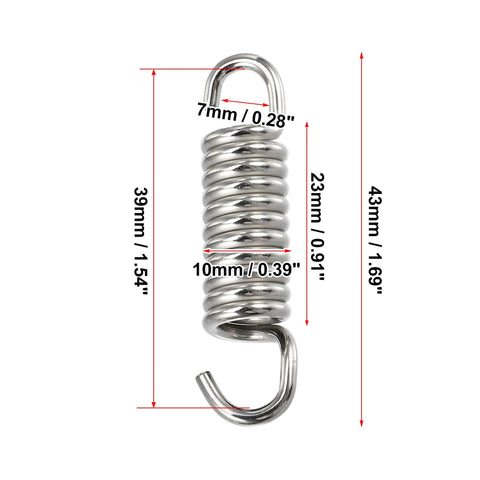 Stainless steel motorcycle exhaust pipe spring with hooks, 43mm long (1.69"), universal fit.