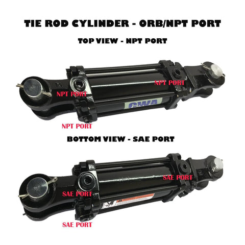 CWA Hydraulics TR tie rod cylinder, 3-in bore, 6-in stroke, 1-1/4-in rod, black steel with SAE/NPT ports (top/bottom).