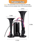 Straight Fire 12V Dual Trumpet Air Horn Kit dimensions showing 8.46in height, ABS material, designed for trucks and marine use.
