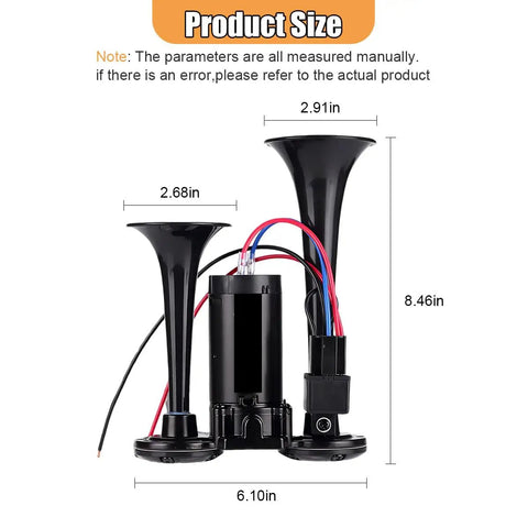 Straight Fire 12V Dual Trumpet Air Horn Kit dimensions showing 8.46in height, ABS material, designed for trucks and marine use.