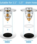 Heavy Duty Bathroom Sink Stopper With Solid Pop Up Drain Strainer And Smart Hair Catcher Design, showing installation for 1.1 to 1.5-inch drain holes.