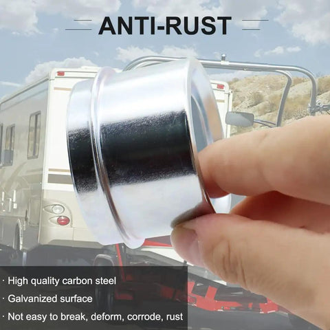 2.75 Inch Trailer Hub Bearing Dust Caps Kit With 4 Pack Rubber Plugs, showing anti-rust carbon steel cap for RV trailers