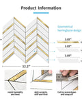 Product dimensions and features of Herringbone Peel And Stick Backsplash Tiles With Self Adhesive Marble Look For Kitchen And Bath 10 Sheets Covering About 10 Sq Ft Waterproof Heat Resistant Stain Resistant Anti Scratch White Mixed Gold Metal