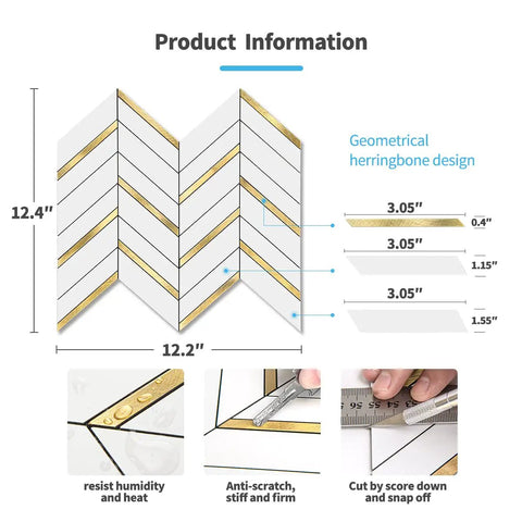 Product dimensions and features of Herringbone Peel And Stick Backsplash Tiles With Self Adhesive Marble Look For Kitchen And Bath 10 Sheets Covering About 10 Sq Ft Waterproof Heat Resistant Stain Resistant Anti Scratch White Mixed Gold Metal