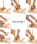 Hands demonstrating how to fold Rock Solid Folding Leg Brackets 4 Pack Heavy Duty Self Locking Steel Mounts With Screws.