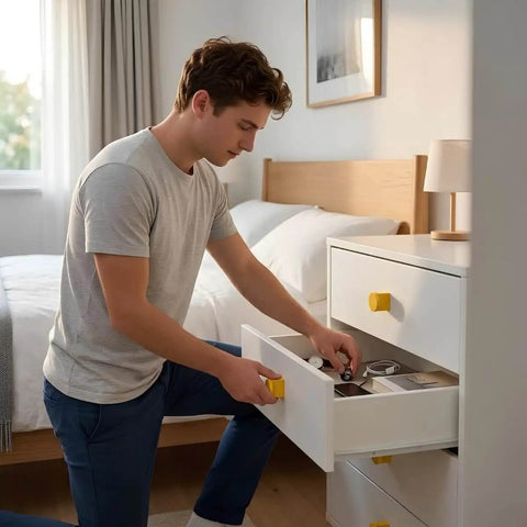 Top Shelf Aluminum Mid Century Modern Cabinet Knob Featuring Fresh Sunflower Yellow Matte Finish And Tight Ergonomic Cutout Design For Kitchen Drawers Bathroom Cabinets Or Furniture in use on a white nightstand.