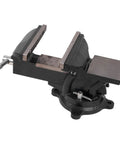 Heavy Duty Six Inch Bench Vise Rock Solid Cast Steel Frame With Double Locking Swivel Base And Flat Hammer Anvil Surface For Tough Daily Shop Grind Woodworking And Pipe Clamping Projects Black Finish, showing flat anvil surface.