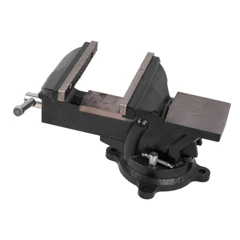 Heavy Duty Six Inch Bench Vise Rock Solid Cast Steel Frame With Double Locking Swivel Base And Flat Hammer Anvil Surface For Tough Daily Shop Grind Woodworking And Pipe Clamping Projects Black Finish, showing flat anvil surface.