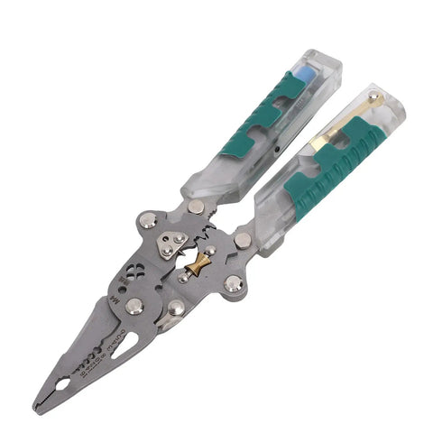 Hella Versatile Foldable Wire Stripper And Compact Hand Pliers With Built In Voltage Tester For Pro Electricians and Weekend Warriors, showing silver metal with green handles.