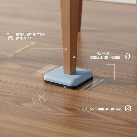 Heavy Duty PTFE Furniture Sliders with self-adhesive for hardwood floors, 0.2-inch cushion, prevents scratches and protects floors.