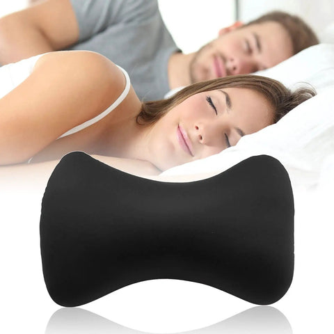 Comfy Microbead Roll Pillow 15 by 8 Inch Squishy Cushion for Neck and Back Support shown with sleeping couple.