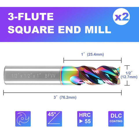 One Half Inch Shank DLC Carbide Square End Mill Beefy Three Flute For Aluminum And Copper Heavy Duty U Type Design illustration