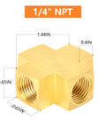 Brass Four-Way Pipe Fitting Cross, 1/4 Inch NPT Female Threads, Barstock Quality, with measurements, for plumbing or DIY use
