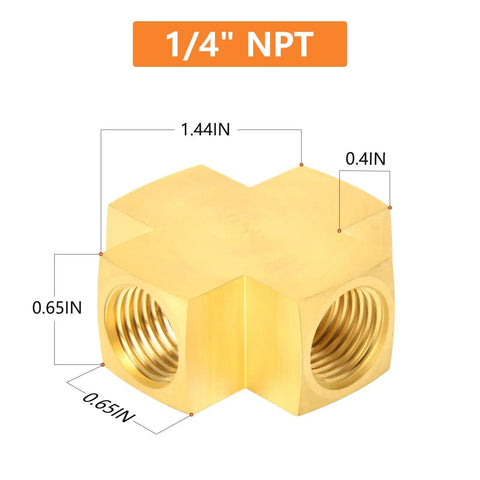 Brass Four-Way Pipe Fitting Cross, 1/4 Inch NPT Female Threads, Barstock Quality, with measurements, for plumbing or DIY use