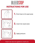BleedSTOP Nosebleed Strips instruction sheet with 3 steps: pinch foam, insert into nasal canal, apply pressure