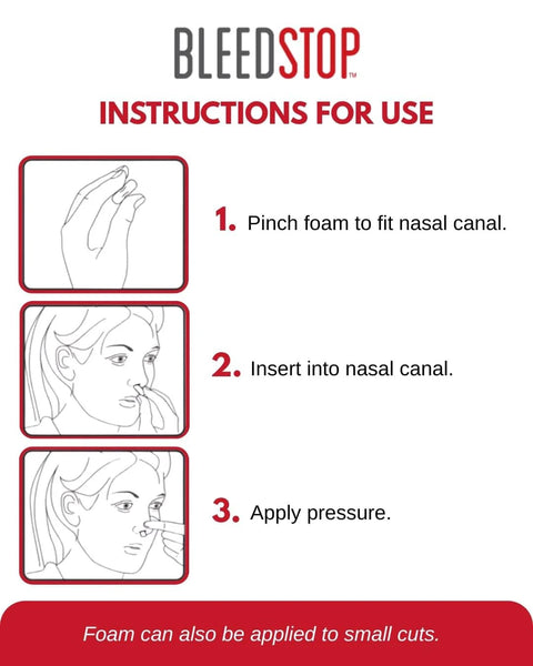 BleedSTOP Nosebleed Strips instruction sheet with 3 steps: pinch foam, insert into nasal canal, apply pressure
