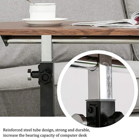 Close-up of height adjustable bedside table mobile laptop stand showing reinforced steel tube design and locking mechanism.