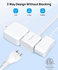 Six Foot Flat Extension Cord With Right Angled Plug, 3 Outlet Power Strip, ETL Listed, 13A 125V Three Prong, white design shown.