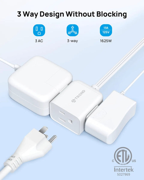 Six Foot Flat Extension Cord With Right Angled Plug, 3 Outlet Power Strip, ETL Listed, 13A 125V Three Prong, white design shown.