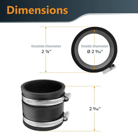 2 And A Half Inch Dust Collection Flex Cuff With Steel Clamps, Rubber Connector Coupler dimensions illustration