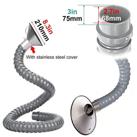 Heavy Duty Industrial Fume Extractor Arm Featuring Hella Flexible Sculptable Ventilation Hose And Knockout Adjustable Valve Plus Sturdy Stainless Steel Dust Collection Hood with 8.3 in stainless steel hood.
