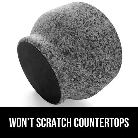 100 Percent Natural Granite Mortar And Pestle Set With Non Scratch Base shown upside down on a white background.