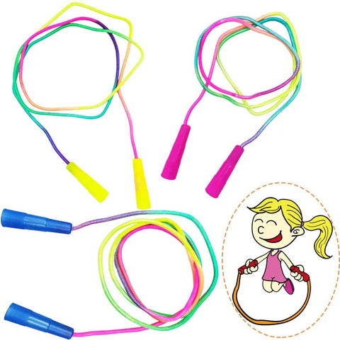 Three colorful 7.2 ft nylon ropes with yellow, pink, blue handles, perfect Rainbow Jump Rope Set For Kids, cartoon girl jumping.