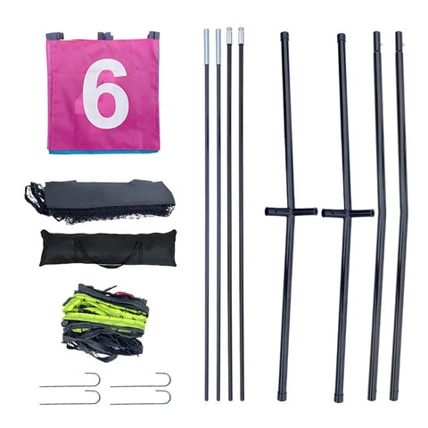Portable Disc Golf Training Net With Nine Target Grids components, frame rods, target sheets, and setup accessories displayed.
