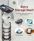 Free Standing Toilet Paper Holder Stand Dispenser With Top Shelf For Bathroom Storage, Bronze Finish, next to a toilet