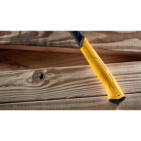 ToughSeries 22 Oz Demo Hammer With Magnetic Nail Starter handle resting on wooden boards, highlighting its durable grip.