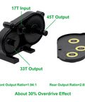 One Tenth RC Crawler Transmission With Thirty Percent Overdrive Transfer Case showing gear ratios and components