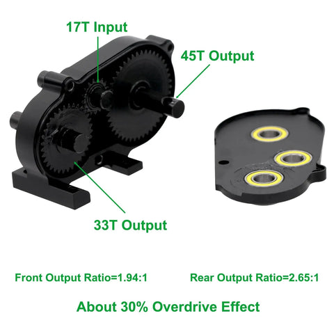 One Tenth RC Crawler Transmission With Thirty Percent Overdrive Transfer Case showing gear ratios and components