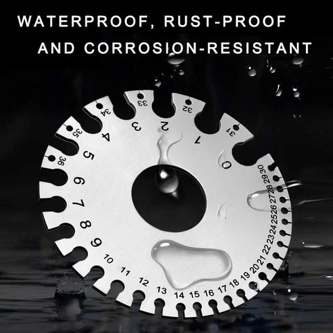 Close-up of round stainless steel thickness gauge with water droplets, showing waterproof and rust-resistant features.